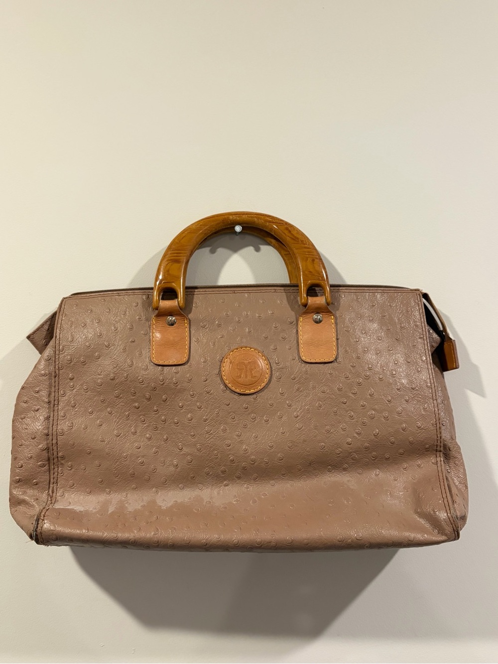 Vintage Royal Yegleene Ostrich Leather Bag with Wooden Handles